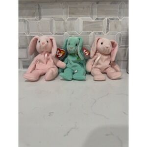Ty Beanie Babies Bunny‎ Lot (3) – Hippity (Green) & 2x Hoppity (Pink)- Tag Error